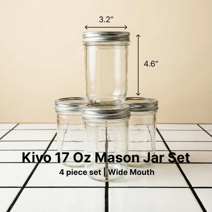 Kivo 17 Oz Wide Mouth Mason Jar Set