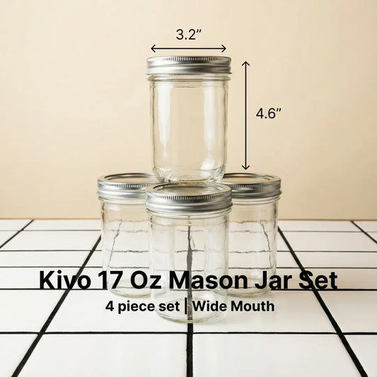 Kivo 17 Oz Wide Mouth Mason Jar Set